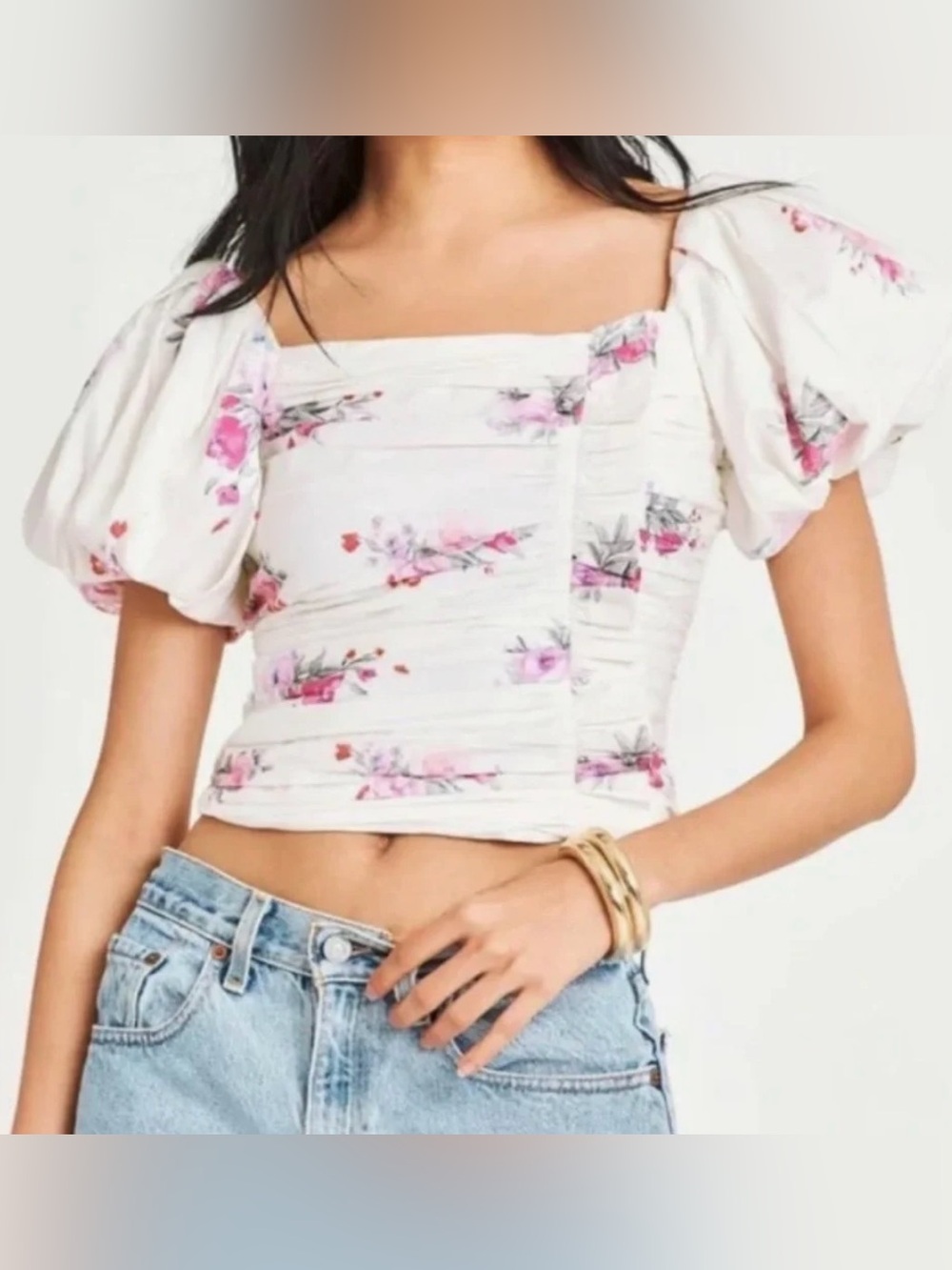 LoveShackFancy White Floral Puff-Sleeve Square Crop Top